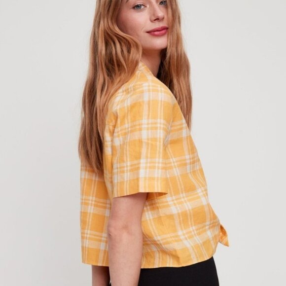 Aritzia Linen Wilfred Free Yellow Plaid Tie Front Short Sleeve Button Down Top - Picture 2 of 10